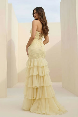 Yellow Mermaid Sweetheart Chiffon Ruffled Long Prom Dresses with Keyholes – Prom Dresses by KissProm | Available at KissProm