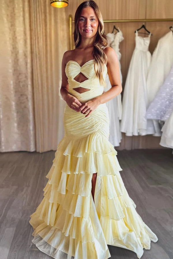 Orenda | Yellow - Mermaid Strapless Chiffon Ruffled Long Prom Dresses with Keyholes - KissProm