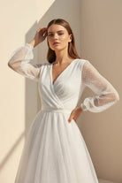 Organa | A - Line Tulle White Tea - Length Long Sleeve Wedding Dress - KissProm