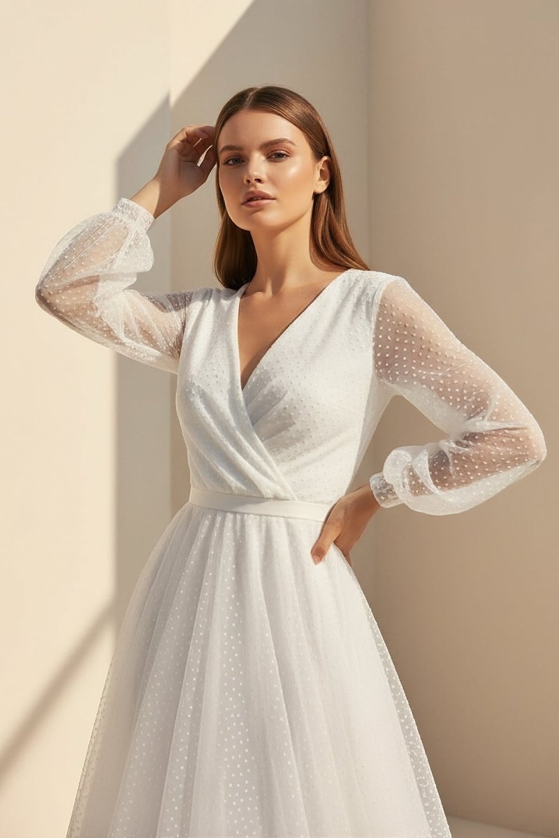 Organa | A - Line Tulle White Tea - Length Long Sleeve Wedding Dress - KissProm