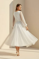Organa | A - Line Tulle White Tea - Length Long Sleeve Wedding Dress - KissProm