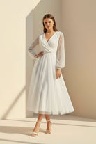 Organa | A - Line Tulle White Tea - Length Long Sleeve Wedding Dress - KissProm
