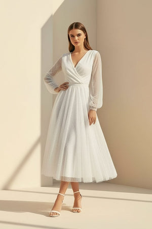 Organa | A - Line Tulle White Tea - Length Long Sleeve Wedding Dress - KissProm