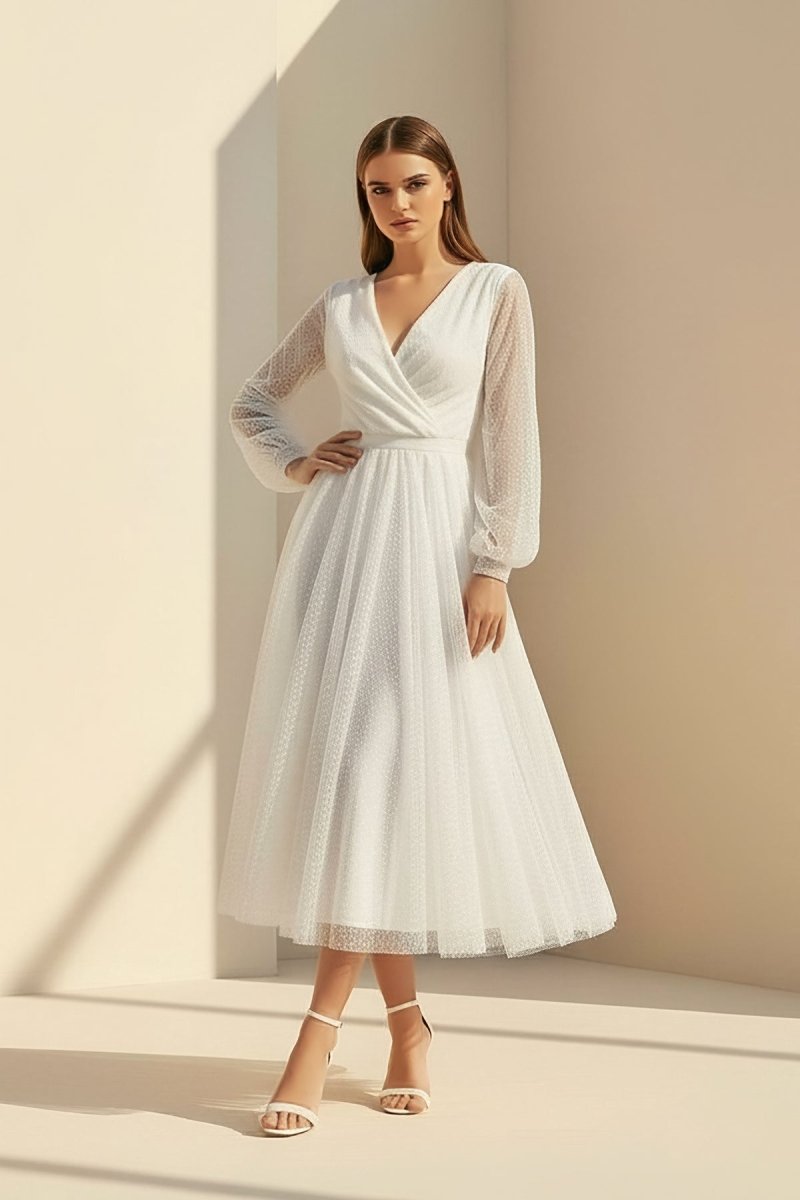 Organa | A - Line Tulle White Tea - Length Long Sleeve Wedding Dress - KissProm
