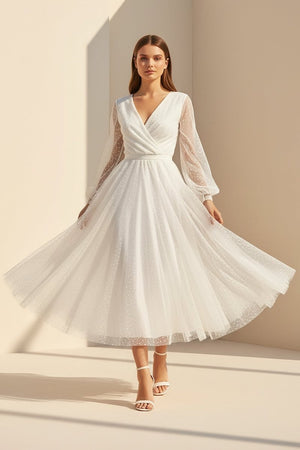 Organa | A - Line Tulle White Tea - Length Long Sleeve Wedding Dress - KissProm