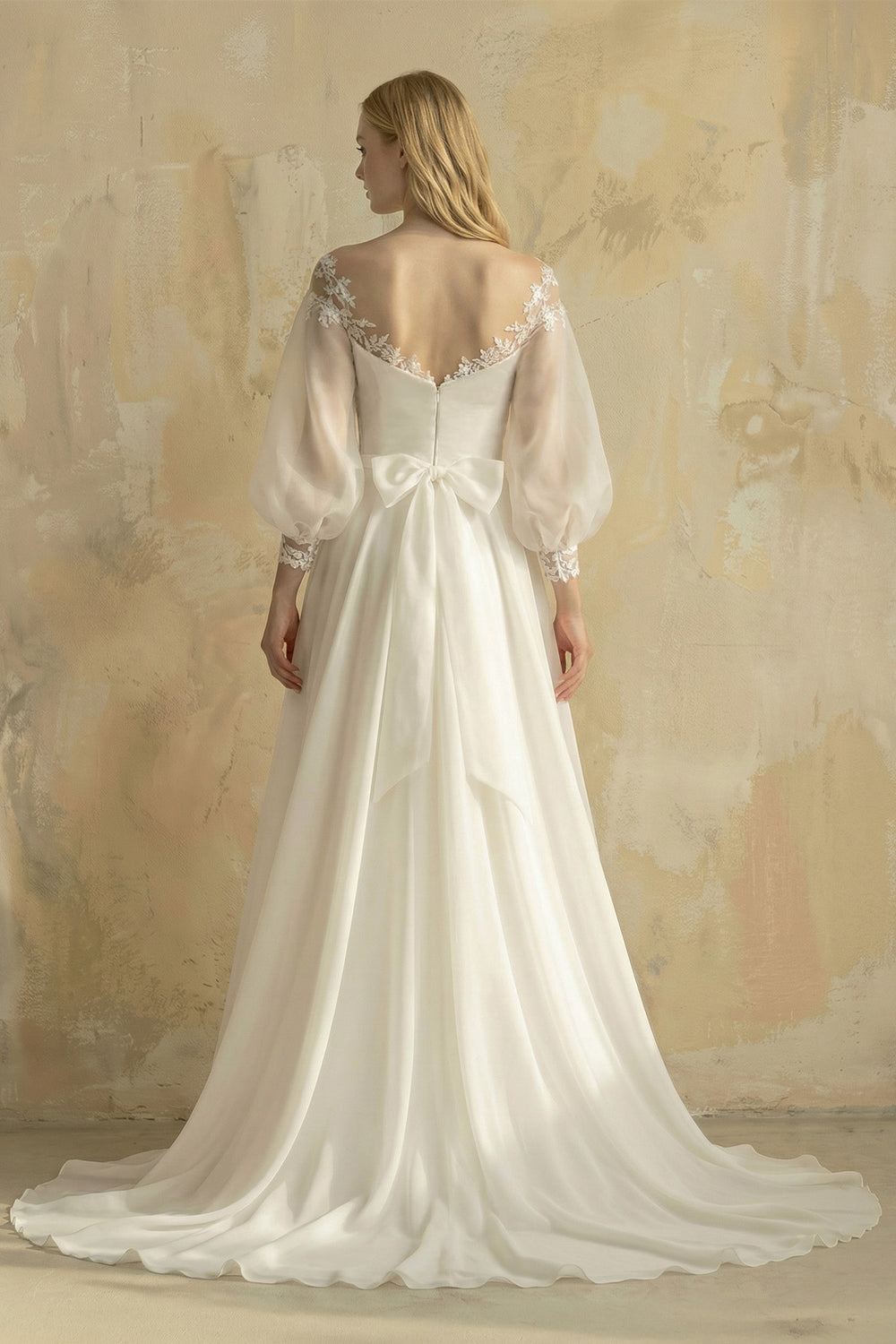 Elegant Simple Beach A-Line Lace Organza Floor Zipper Low-V BackWedding Dress with Sheer Sleeve – Wedding Dresses by KissProm | Available at KissProm