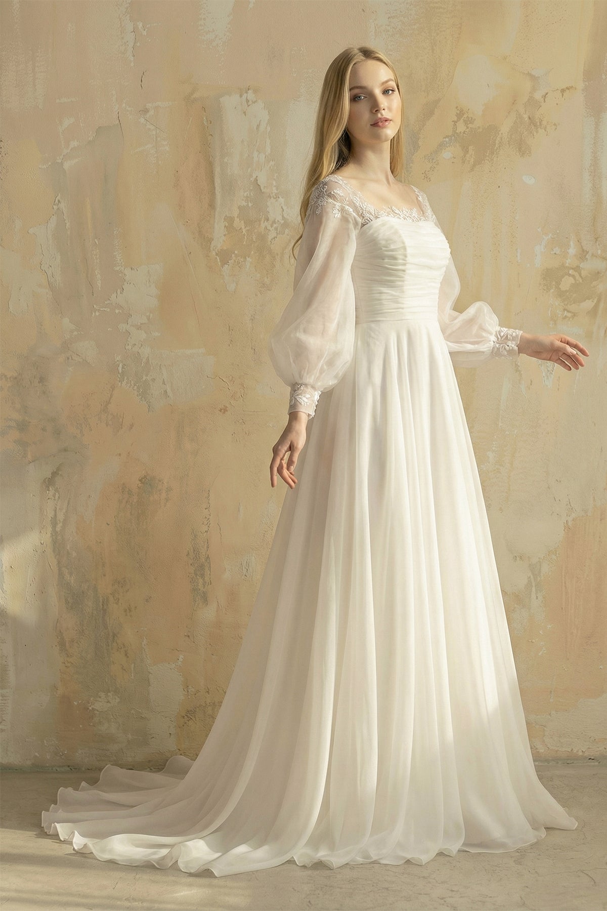 Elegant Simple Beach A-Line Lace Organza Floor Zipper Low-V BackWedding Dress with Sheer Sleeve, Diamond White / 18 Elegant Simple Beach A-Line Lace Organza Floor Zipper Low-V BackWedding Dress with Sheer Sleeve, Diamond White / 18