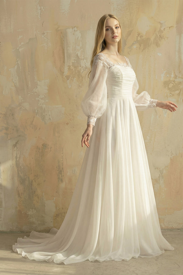 wedding dress silk organza Elegant Simple Beach A-Line Lace Organza Floor Zipper Low-V BackWedding Dress with Sheer Sleeve, Diamond White / 18