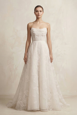Organza Appliqued Sweetheart A - Line Corset Wedding Gown in Ivory - KissProm Wedding Dresses