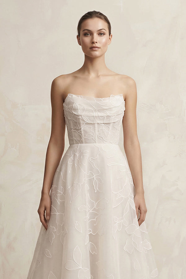 Organza Appliqued Sweetheart A - Line Corset Wedding Gown in Ivory - KissProm Wedding Dresses