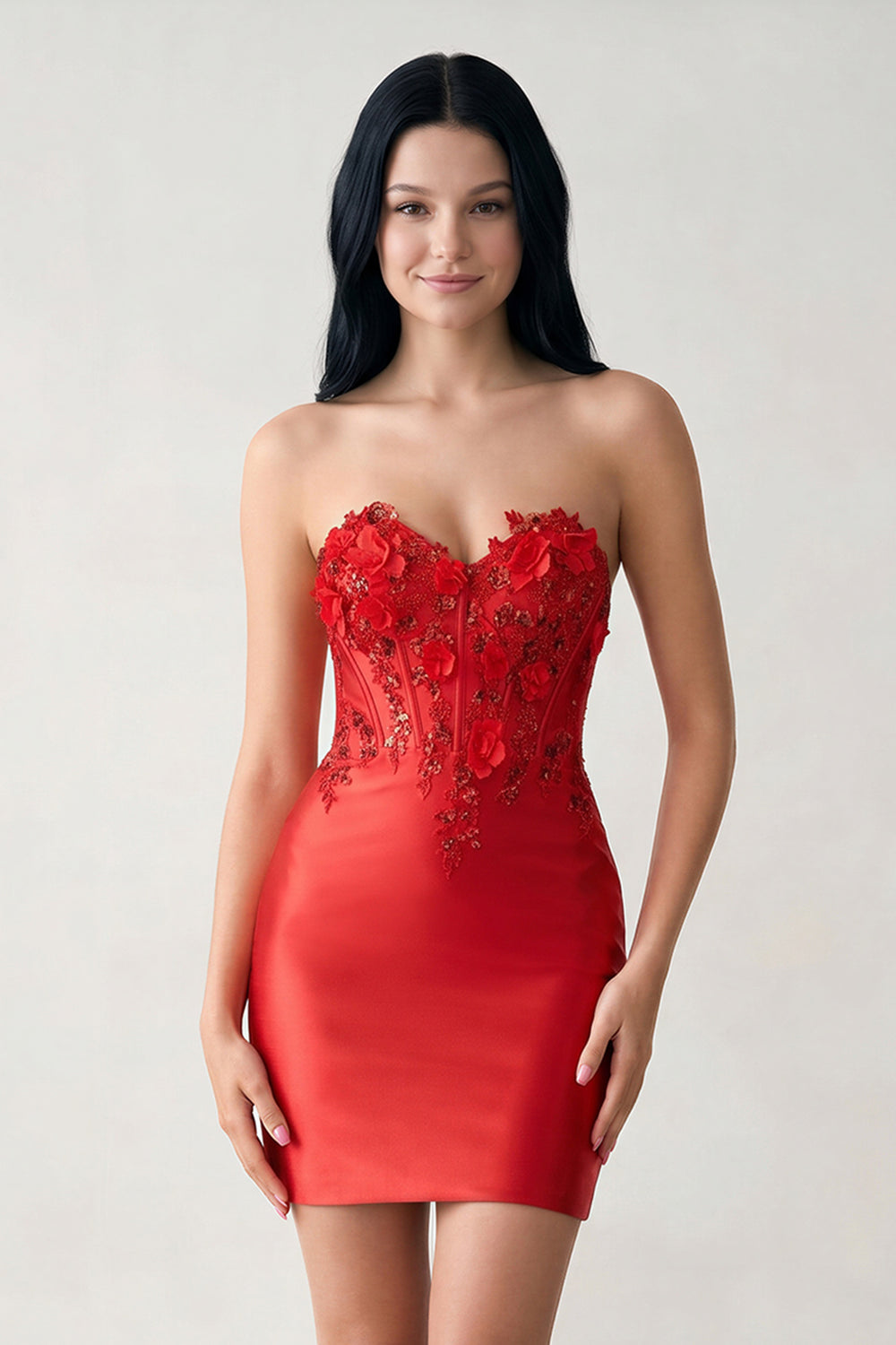 Red Strapless Bodycon Satin Sequins Mini Party Dresses With Appliques