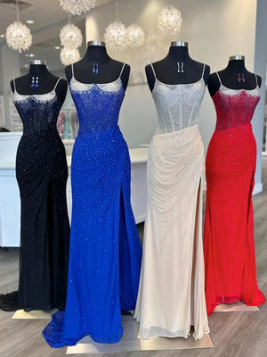 Oriole | Spaghetti Straps Beaded Mermaid Prom Dress with Slit