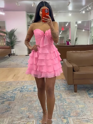 Orlaith | Pink - A Line Tulle Ruffles Sweetheart Short Homecoming Dresses with Bow