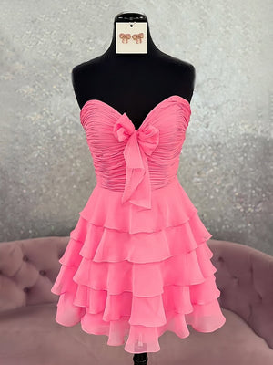 Orlaith | Pink - A Line Tulle Ruffles Sweetheart Short Homecoming Dresses with Bow