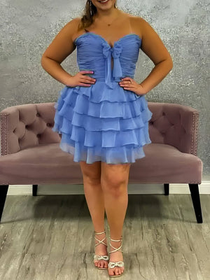 Orlaith | Blue - A Line Tulle Ruffles Sweetheart Short Homecoming Dresses with Bow