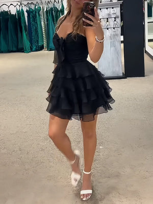 Orlaith | Black - A Line Tulle Ruffles Sweetheart Short Homecoming Dresses with Bow