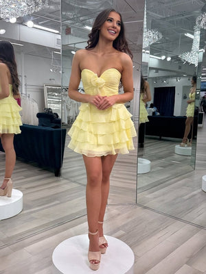 Orlaith | Yellow - A Line Chiffon Ruffles Sweetheart Short Homecoming Dresses with Bow