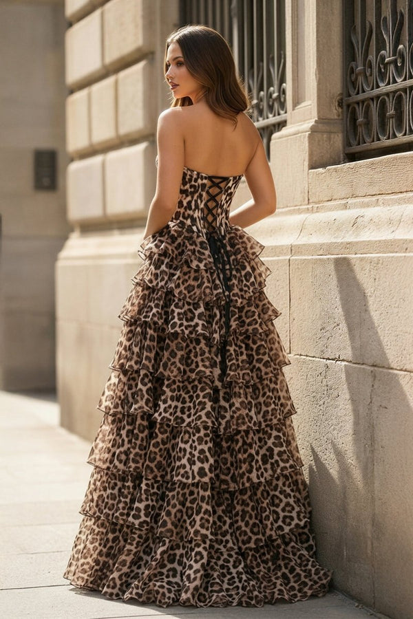 Orlisse | Leopard - Strapless A Line Chiffon Ruffled Long Prom Dresses With Appliques - KissProm