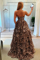 Orlisse | Leopard - Strapless A Line Chiffon Ruffled Long Prom Dresses With Appliques - KissProm