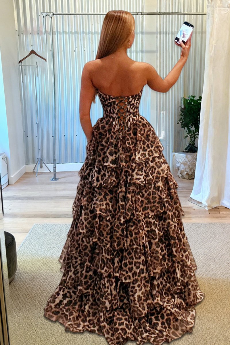 Orlisse | Leopard - Strapless A Line Chiffon Ruffled Long Prom Dresses With Appliques - KissProm