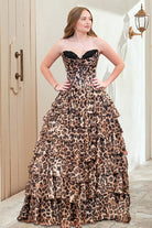 Orlisse | Leopard - Strapless A Line Chiffon Ruffled Long Prom Dresses With Appliques - KissProm