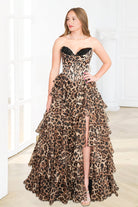 Orlisse | Leopard - Strapless A Line Chiffon Ruffled Long Prom Dresses With Appliques - KissProm