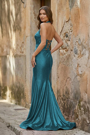 Lilac Halter Mermaid Beaded Long Formal Prom Dresses With Slit - KissProm