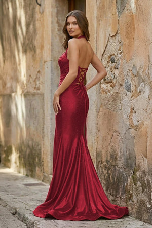 Lilac Halter Mermaid Beaded Long Formal Prom Dresses With Slit - KissProm