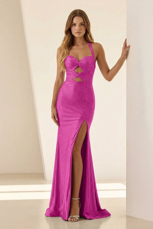 Lilac Halter Mermaid Beaded Long Formal Prom Dresses With Slit – Prom Dress by KissProm | Available at KissProm