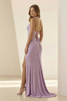 Orvyna | Lilac - Halter Mermaid Beaded Long Formal Prom Dresses With Slit - KissProm