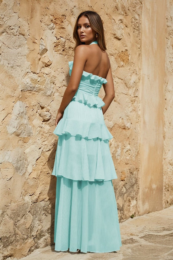 Sky Blue Halter Sheath Pleated Chiffon Long Prom Dresses With Ruffles - KissProm