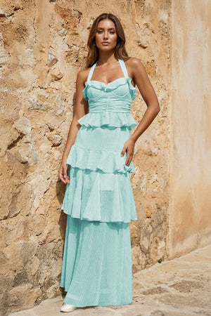 Sky Blue Halter Sheath Pleated Chiffon Long Prom Dresses With Ruffles - KissProm