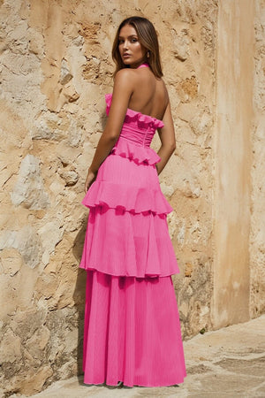 Sky Blue Halter Sheath Pleated Chiffon Long Prom Dresses With Ruffles - KissProm