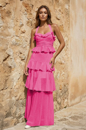 Sky Blue Halter Sheath Pleated Chiffon Long Prom Dresses With Ruffles - KissProm