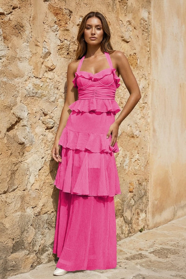 Sky Blue Halter Sheath Pleated Chiffon Long Prom Dresses With Ruffles - KissProm