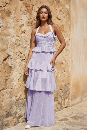 Sky Blue Halter Sheath Pleated Chiffon Long Prom Dresses With Ruffles - KissProm