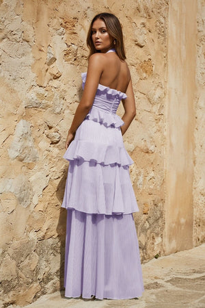 Sky Blue Halter Sheath Pleated Chiffon Long Prom Dresses With Ruffles - KissProm