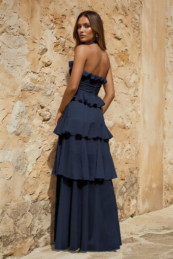 Sky Blue Halter Sheath Pleated Chiffon Long Prom Dresses With Ruffles - KissProm