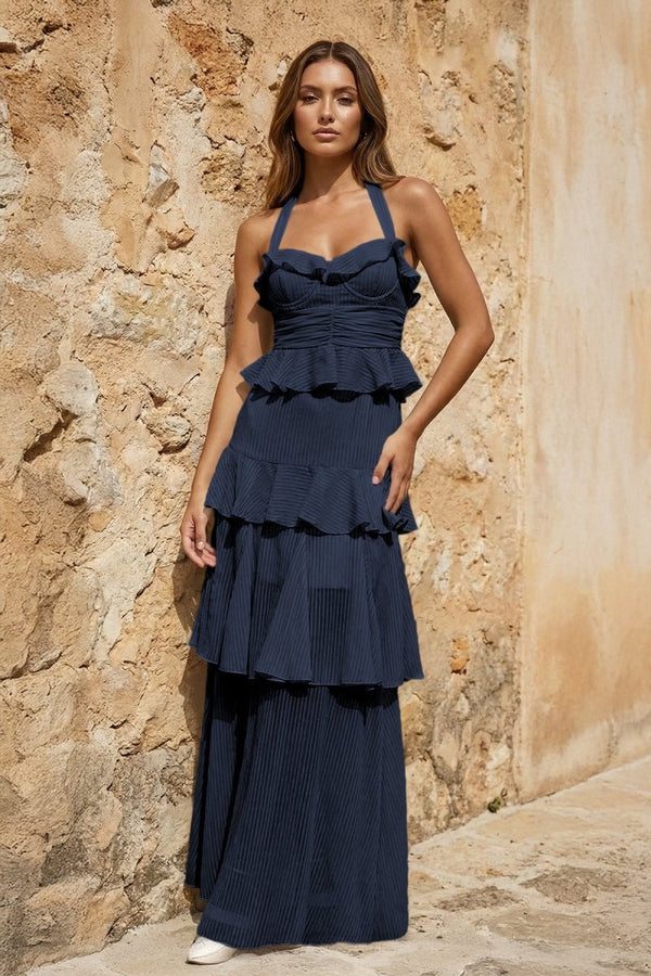 Sky Blue Halter Sheath Pleated Chiffon Long Prom Dresses With Ruffles - KissProm