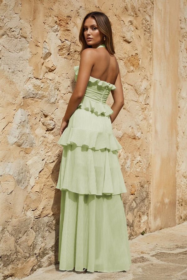 Sky Blue Halter Sheath Pleated Chiffon Long Prom Dresses With Ruffles - KissProm