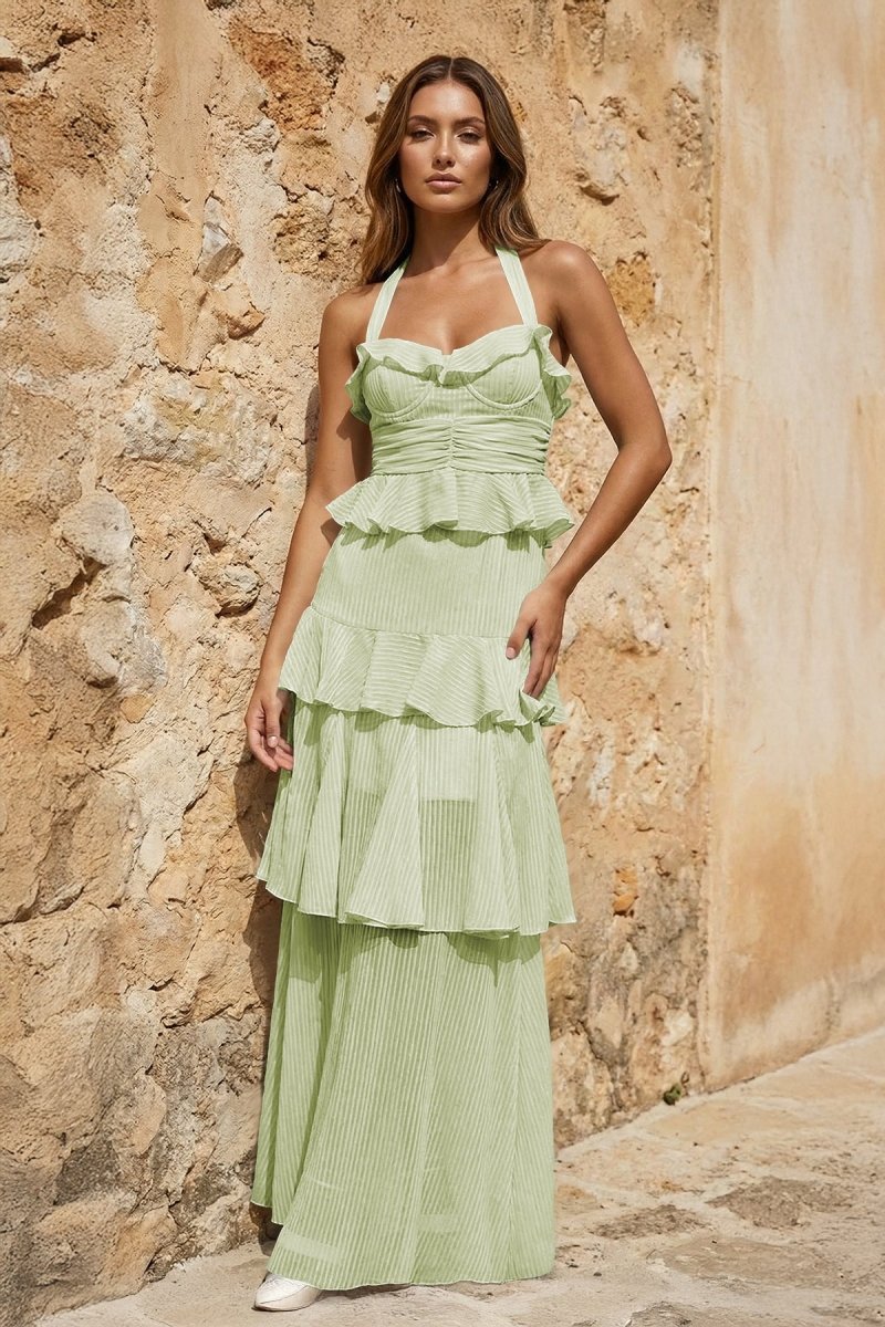 Sage Green Halter Sheath Pleated Chiffon Long Prom Dresses With Ruffles - KissProm