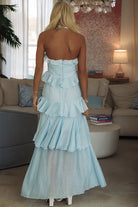 Ozen | Sky Blue - Halter Sheath Pleated Chiffon Long Prom Dresses With Ruffles - KissProm