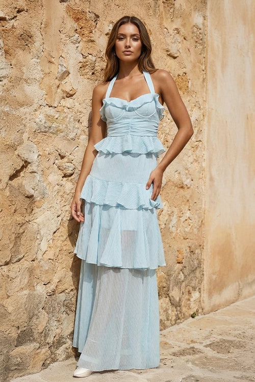 Sky Blue Halter Sheath Pleated Chiffon Long Prom Dresses With Ruffles - KissProm