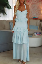Ozen | Sky Blue - Halter Sheath Pleated Chiffon Long Prom Dresses With Ruffles - KissProm