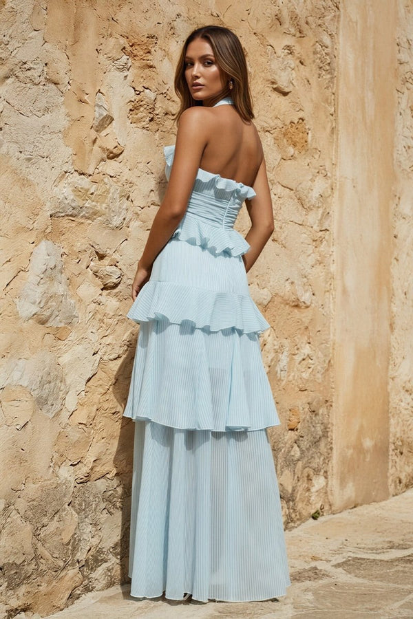 Sky Blue Halter Sheath Pleated Chiffon Long Prom Dresses With Ruffles - KissProm