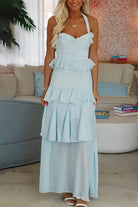 Ozen | Sky Blue - Halter Sheath Pleated Chiffon Long Prom Dresses With Ruffles - KissProm