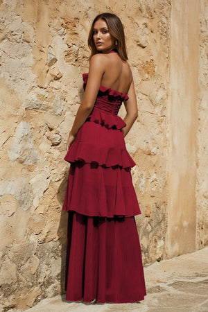 Sky Blue Halter Sheath Pleated Chiffon Long Prom Dresses With Ruffles - KissProm