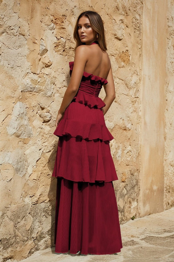 Sky Blue Halter Sheath Pleated Chiffon Long Prom Dresses With Ruffles - KissProm