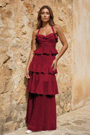 Sky Blue Halter Sheath Pleated Chiffon Long Prom Dresses With Ruffles - KissProm