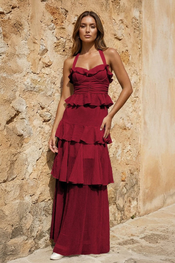 Sky Blue Halter Sheath Pleated Chiffon Long Prom Dresses With Ruffles - KissProm